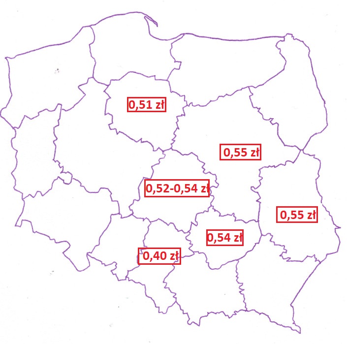 Mapa z cenami jabłka przemysłowego w województwach