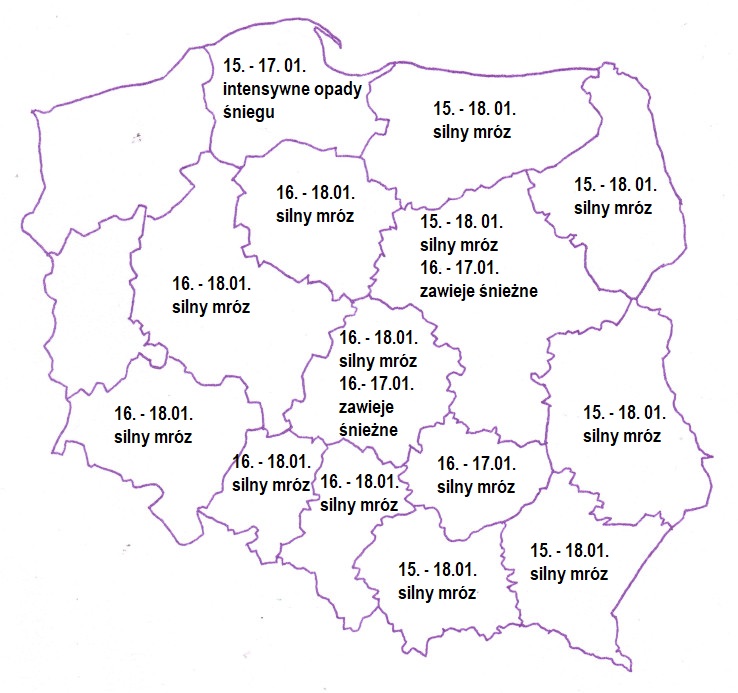 Konturowa mapa Polski - ostrzeżenie meteorologiczne IMGW