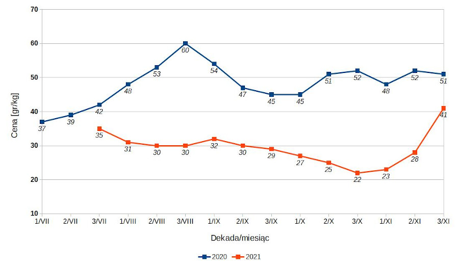 Średnie ceny skupu jabłek przemysłowych w 2020 i 2021 roku.